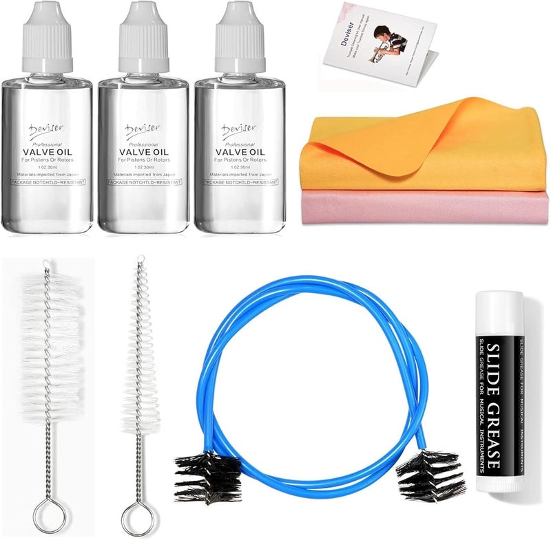 devisev Trumpet Cleaning kit Deviser All in One Cornet Care kit:Valve Oil x3,Slide Grease,Cleaning Swab,Mouthpiece,Bore Brushes - Image 1
